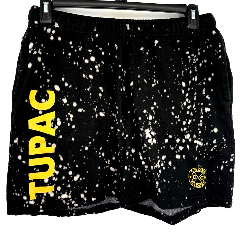 Cross Colours Shorts Mens XL Black Tupac Shakur Bleach Splatter Sweat Shorts
